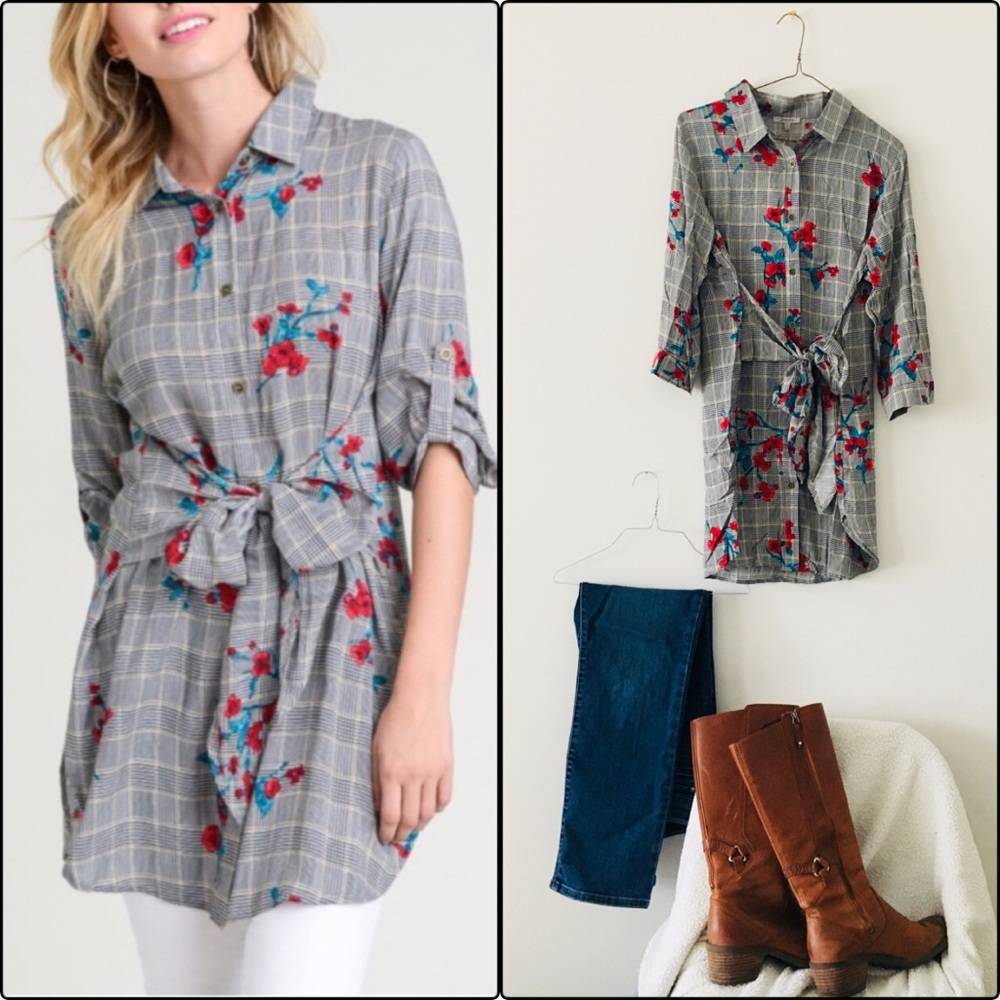 Plaid and Floral Tie Waist Button Down Tunic Top